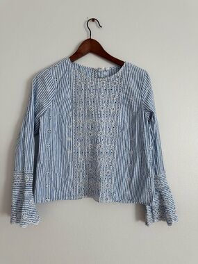 GAP Blue Striped Eyelet Cotton Blouse | Bell Sleeves | Feminine | Size S